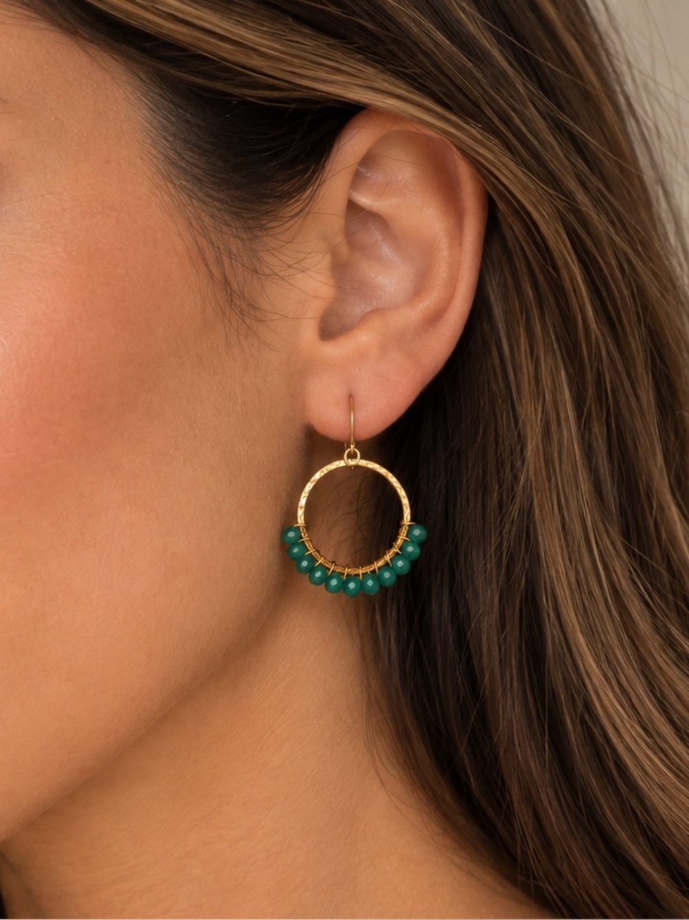 NEW Gold Green Beaded Hoop Earrings